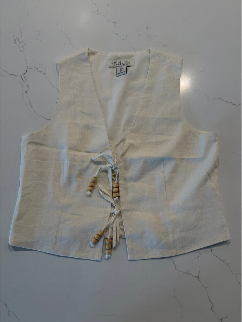 Rachel Zoe Cream Tie Front Linen Vest with Wooden Beads Size Small